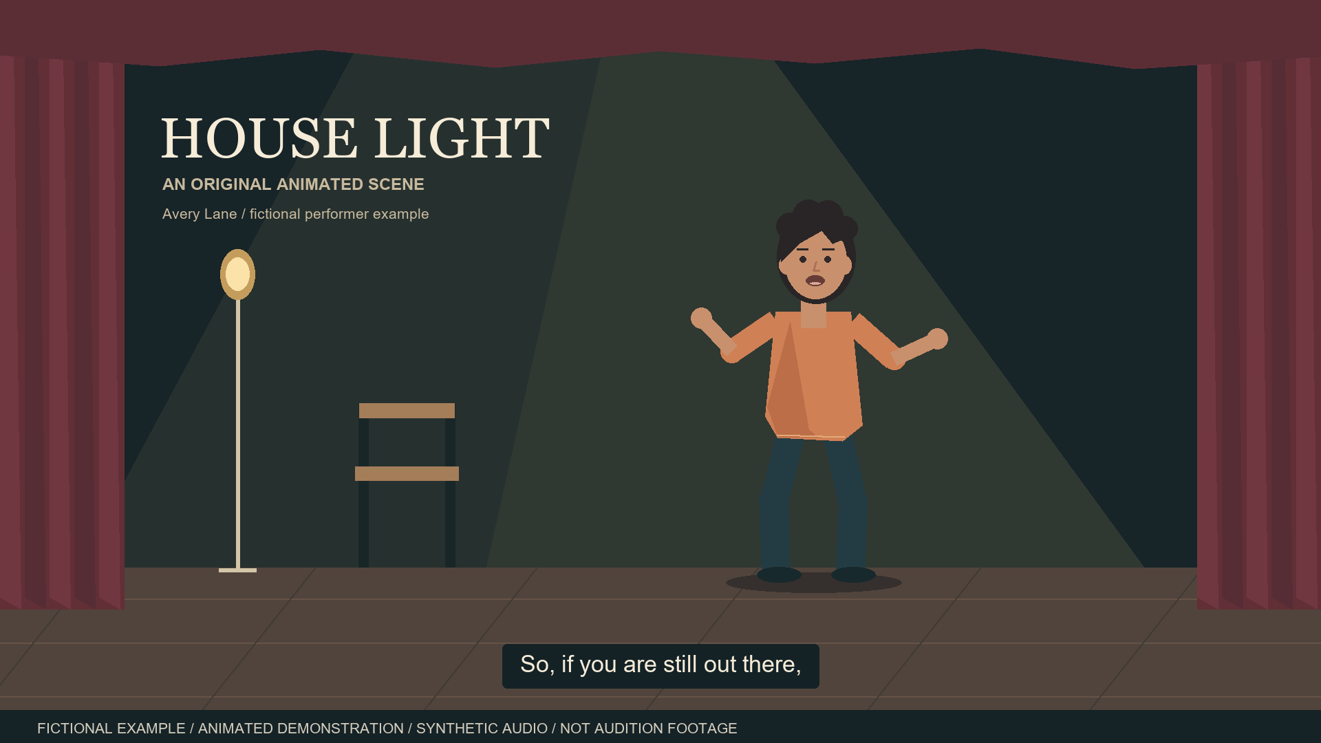 Illustrated House Light frame showing the character in a contained pose beneath a stage light.