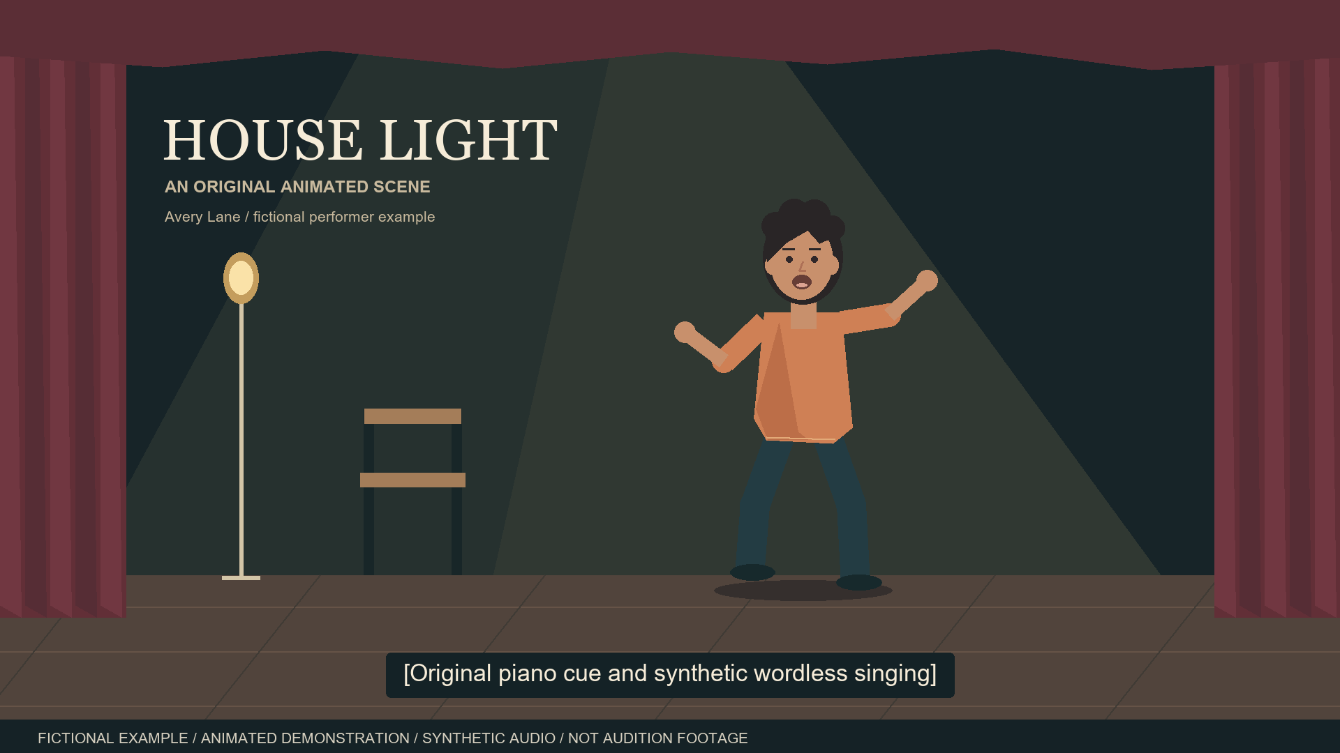 Illustrated House Light frame showing a small step and open-arm gesture during the synthetic musical phrase.