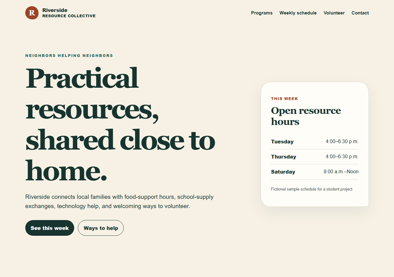 Preview of the fictional Riverside Neighborhood Resource Collective website home page.