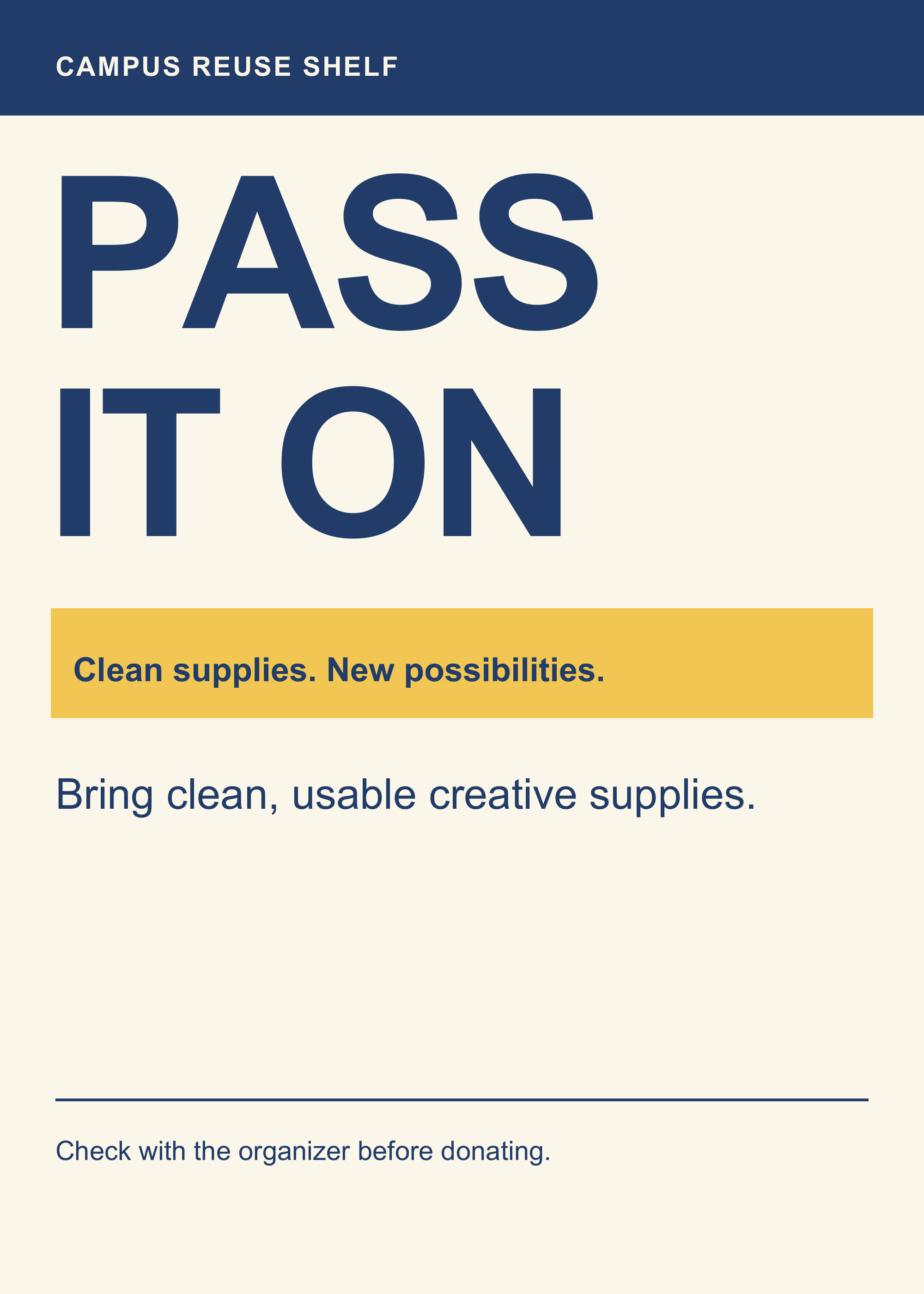Portrait Campus Reuse Shelf flyer with a navy header, large PASS IT ON text, and a yellow information band.