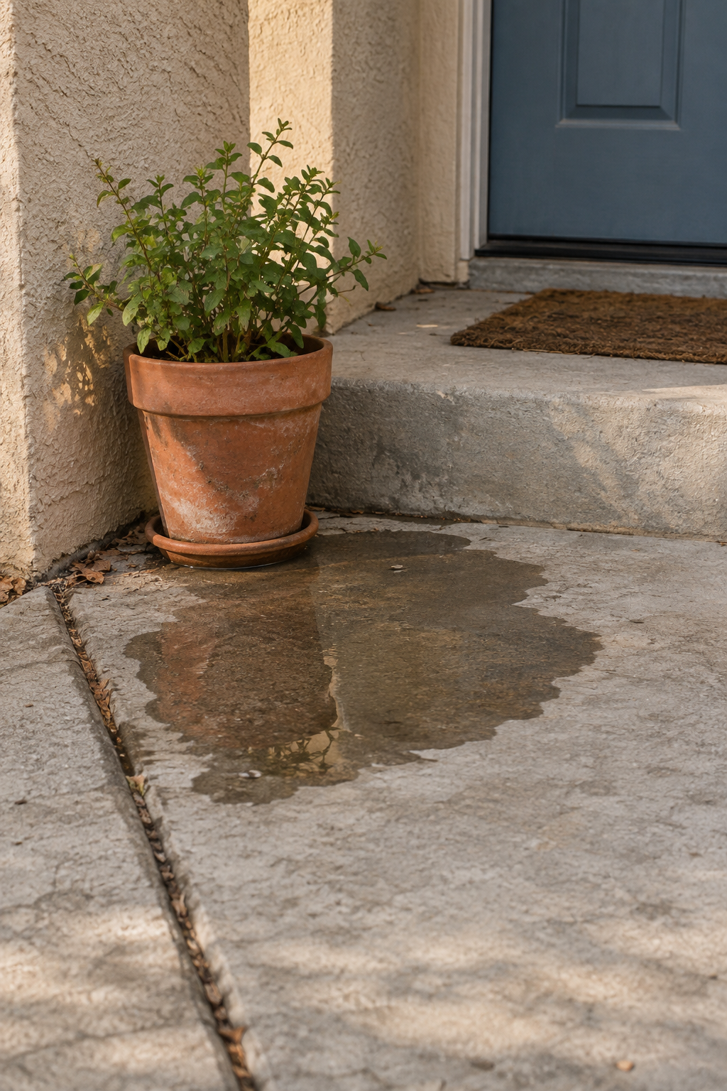 A terracotta plant pot beside an irregular puddle on a concrete entry.