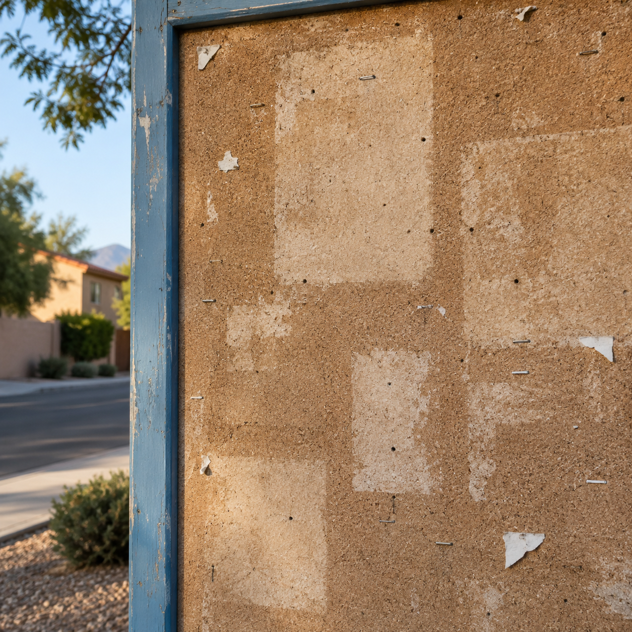 A weathered cork notice board with blank pale rectangles, staple holes, and torn paper corners.