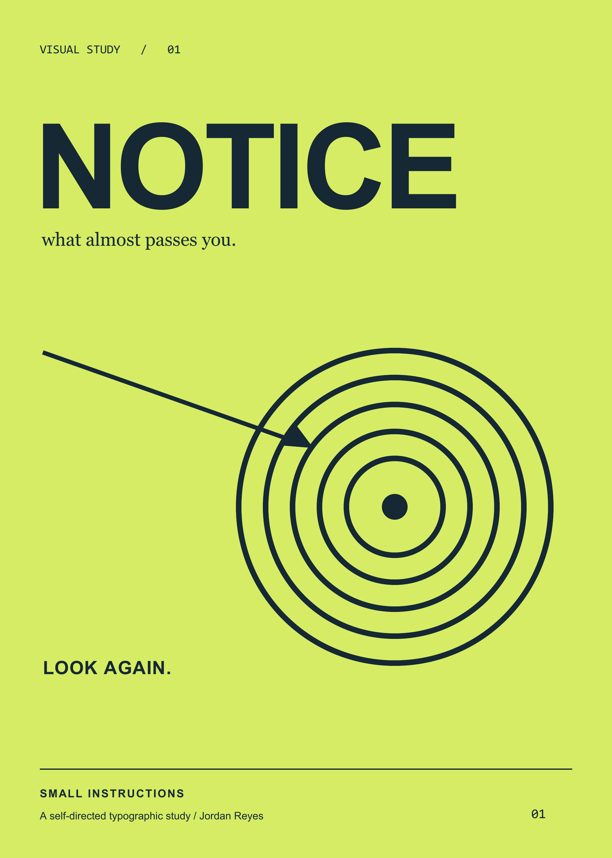 Lime-green NOTICE poster using concentric circles interrupted by a diagonal line.