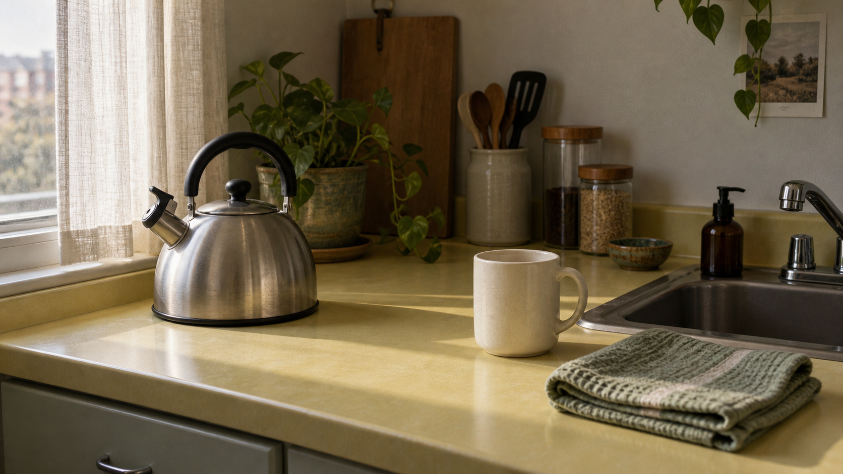 A modest kitchenette with a kettle, cup, folded towel, and soft window light.