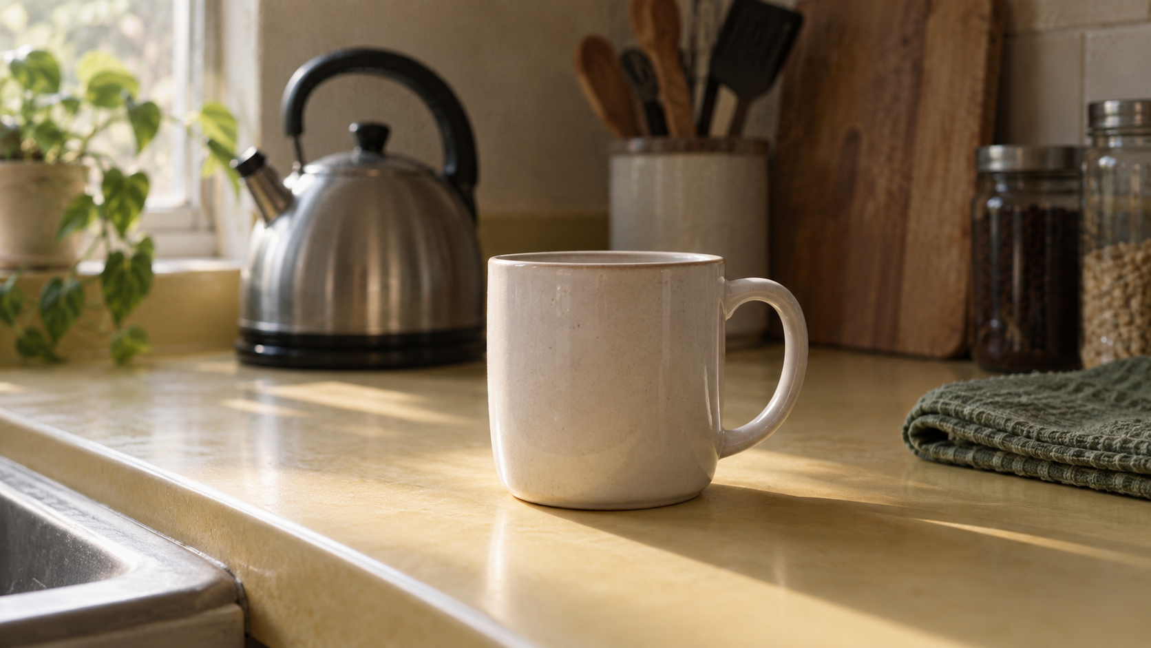 A close view of an off-white mug with the kettle softly out of focus behind it.