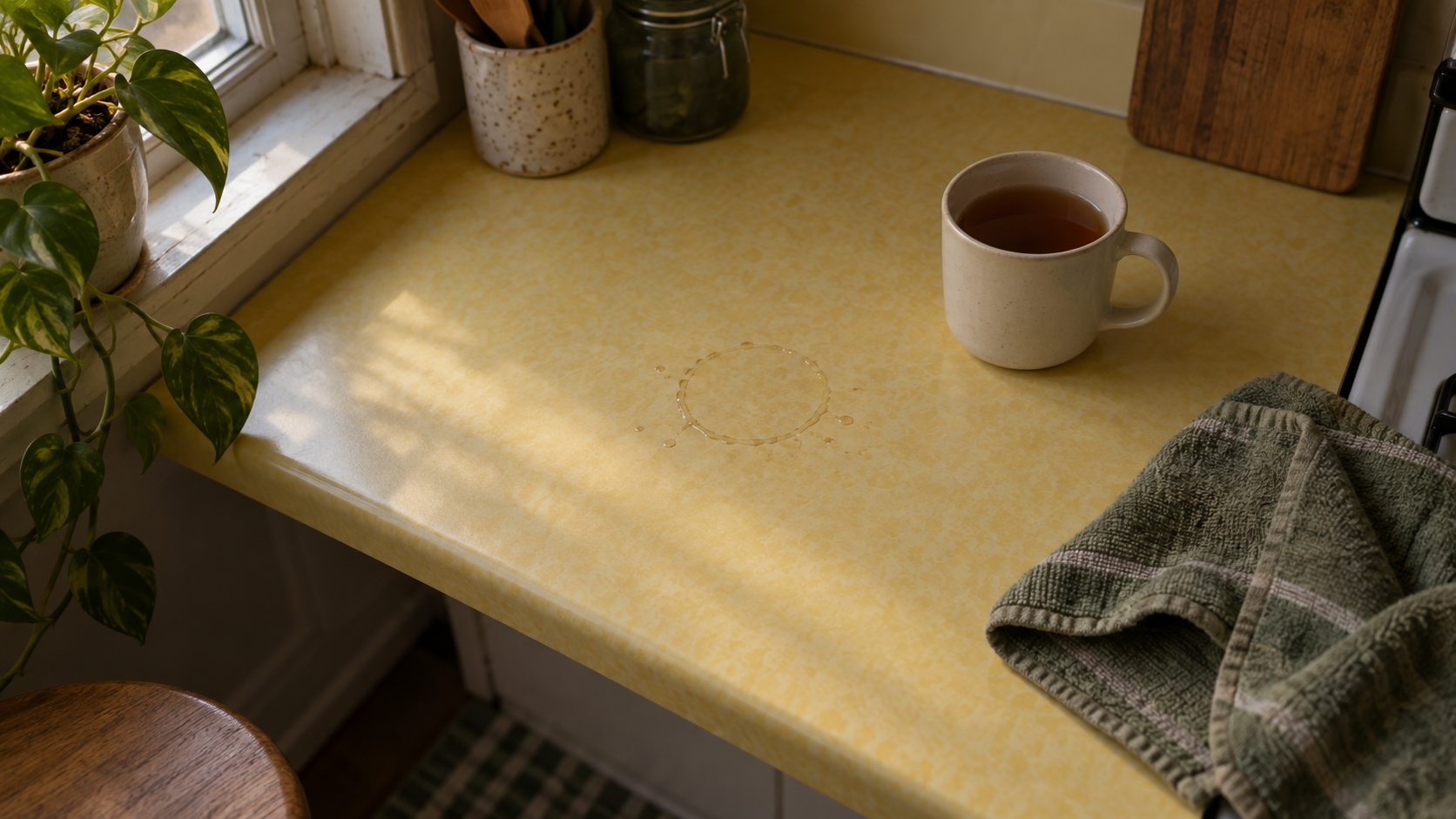 An overhead view of a tea-filled mug, folded towel, and a small water ring on a yellow counter.