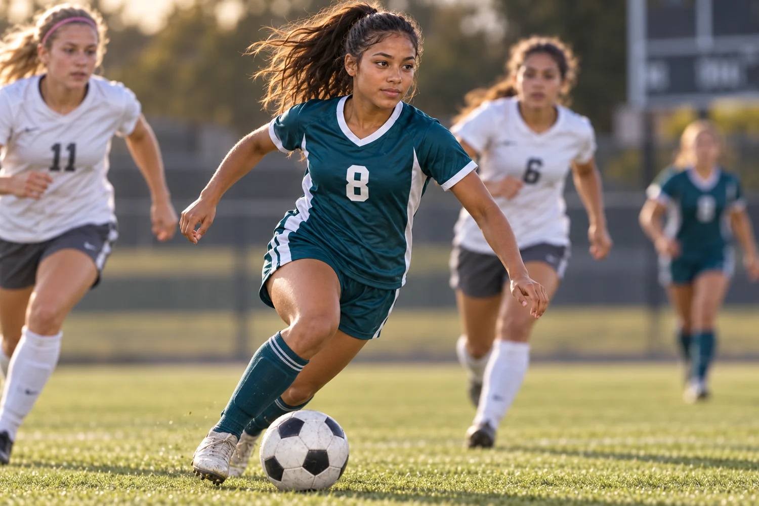 Fictional illustrative soccer action image of Maya Thompson.