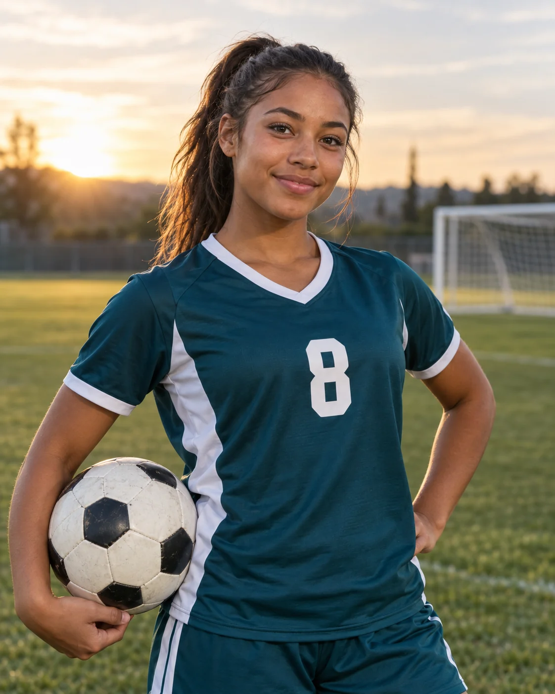 Fictional illustrative portrait of Maya Thompson in a soccer uniform.