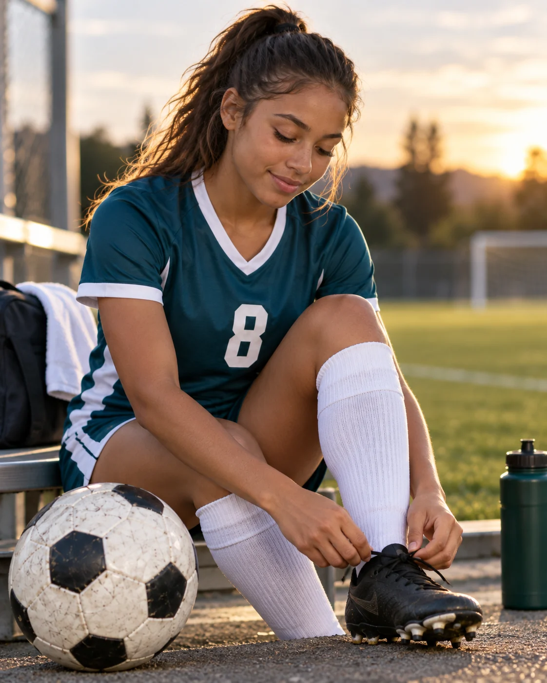 Fictional illustrative sideline image of Maya Thompson tying her soccer cleats.