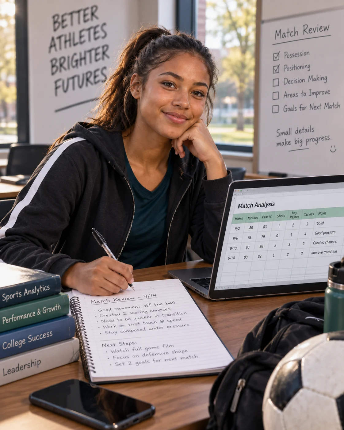Fictional illustrative image of Maya Thompson reviewing soccer match notes.