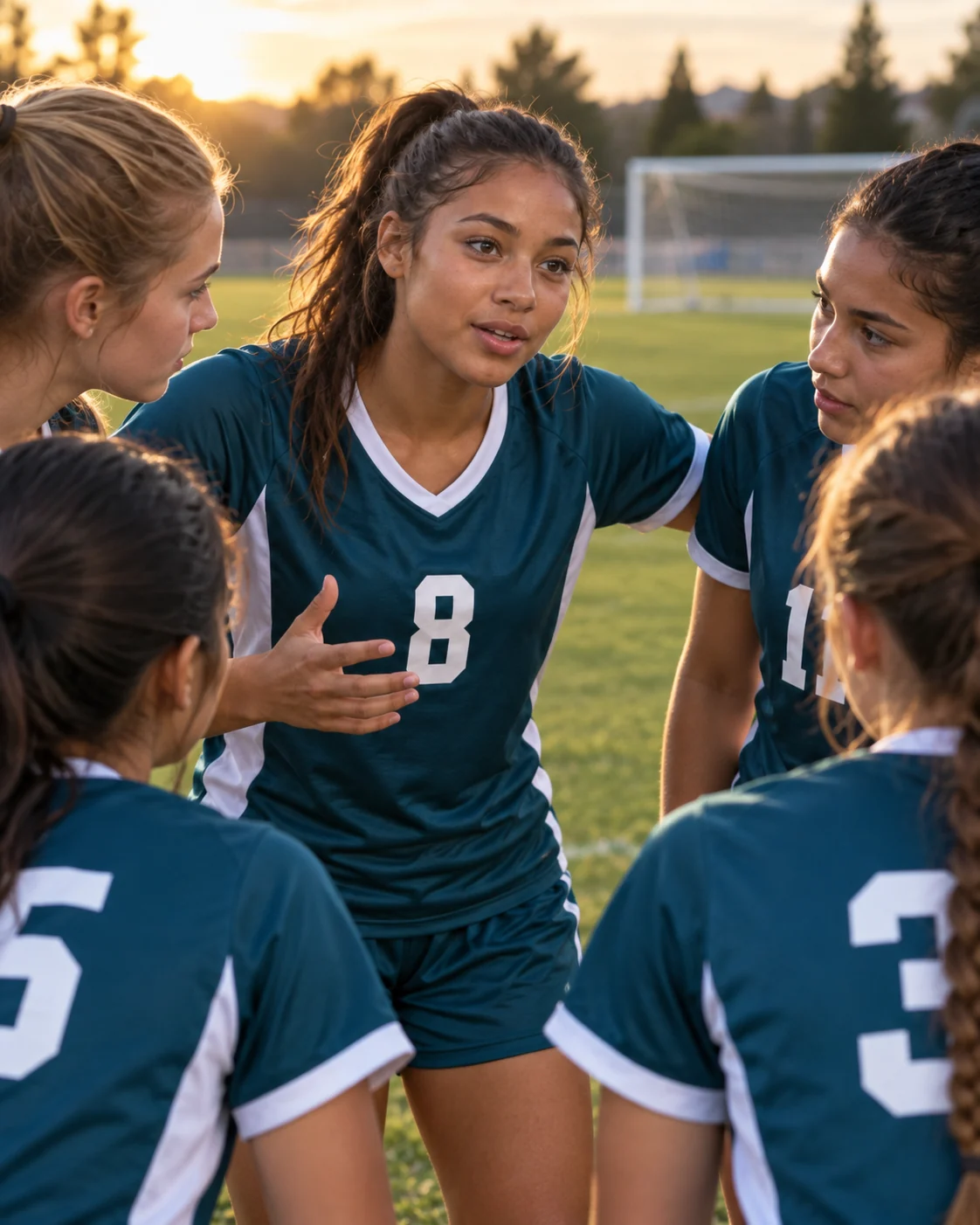Fictional illustrative team huddle image with Maya Thompson.