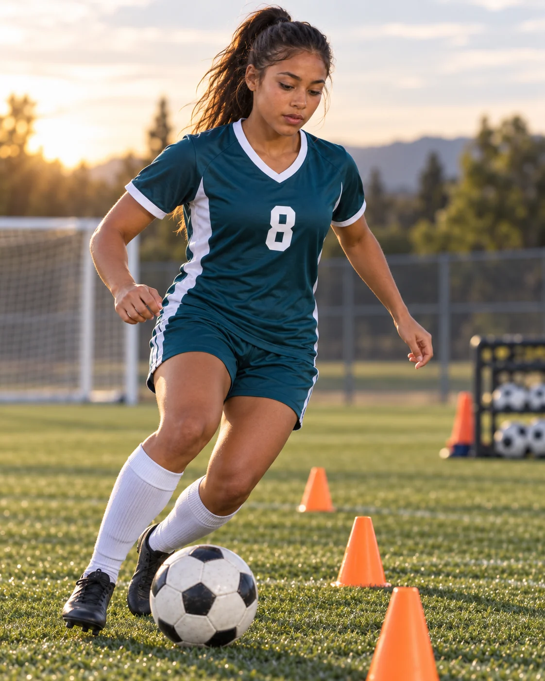 Fictional illustrative soccer training image of Maya Thompson.